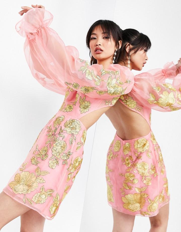 Asos Edition Embroidered Organza Mini Dress With Puff Sleeves In Pink