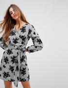 Parisian Check Wrap Dress With Floral Print - Gray