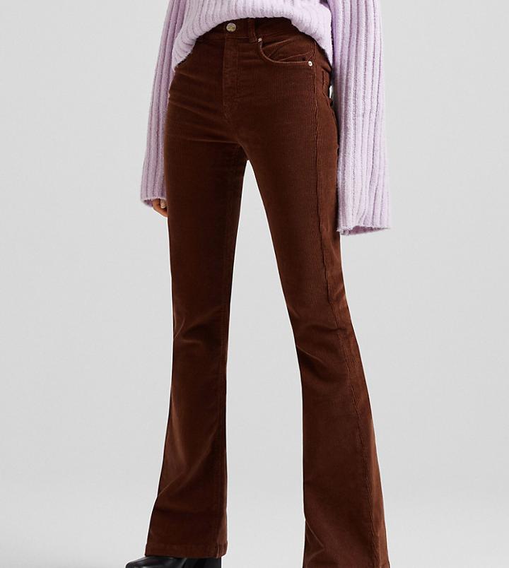 Bershka Petite Slim Leg Cord Pant In Brown