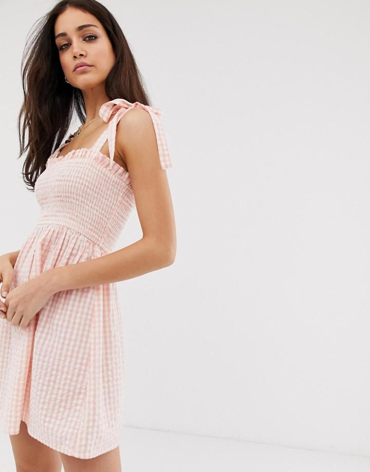 Stradivarius Str Tie Strap Dress In Pink Gingham