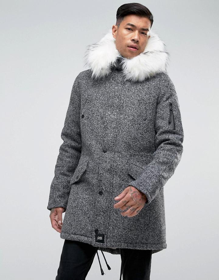 Sixth June Parka Jacket In Gray Wool With Oversized Faux Fur Hood - Gray