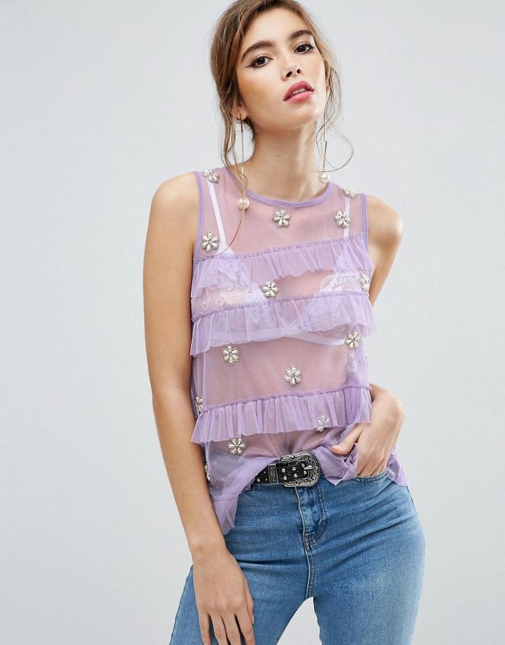 Asos Top In Mesh With Ruffles & Pearl Embellishment - Purple
