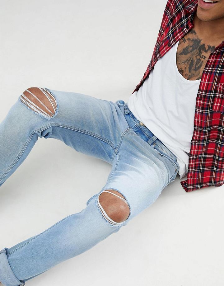 Rollas Stinger Ripped Skinny Jeans In Lightwash Blue - Blue
