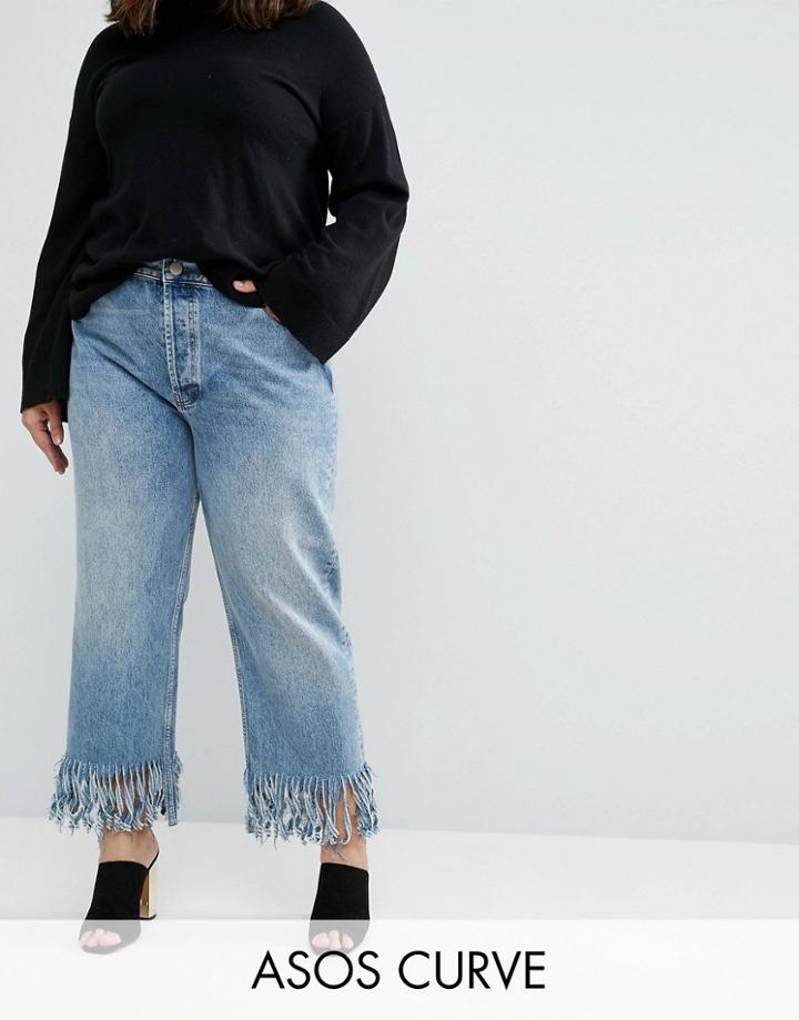 Asos Curve Authentic Straight Leg Jeans In Oxford Wash With Fringed He