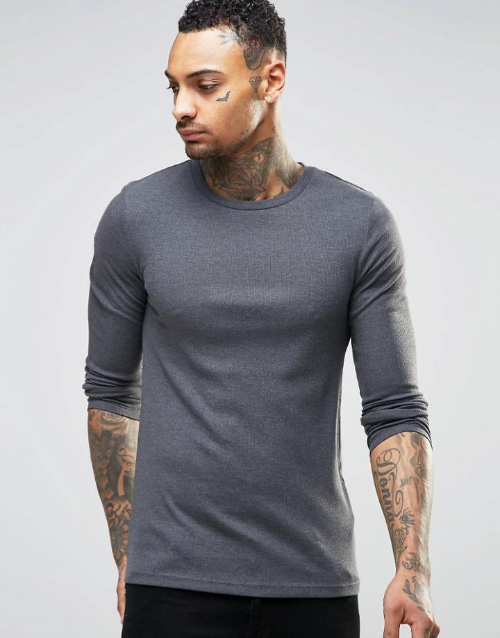Asos Rib Extreme Muscle Long Sleeve T-shirt In Charcoal - Charcoal