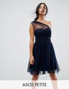 Asos Petite Dobby Mesh One Shoulder Mini Prom Dress - Navy