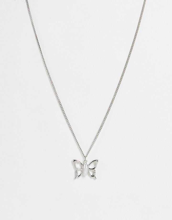 Asos Design Necklace With Faux Pearl And Silver Tone Butterfly Pendant
