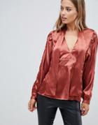 Asos Design Plunge Top In Satin With Pussybow Detail - Brown