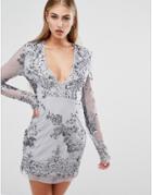 Missguided Long Sleeve Sequin Bodycon Dress - Gray