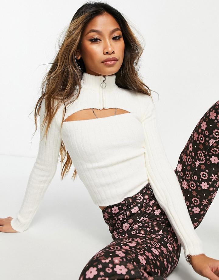 Bershka Cut Out Zip Detail Sweater In Ecru-white