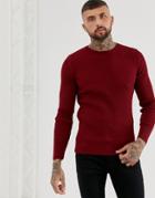 Asos Design Muscle Fit Ribbed Sweater In Burgundy - Red
