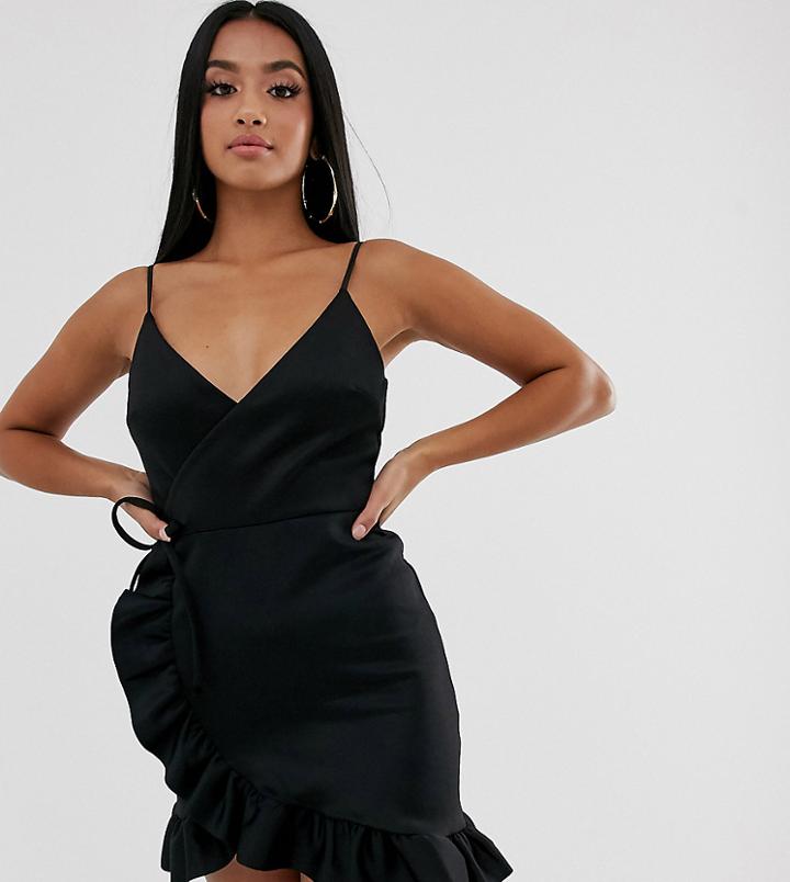 Asos Design Petite Cami Wrap Mini Dress With Frill Hem - Black