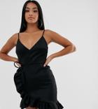 Asos Design Petite Cami Wrap Mini Dress With Frill Hem - Black
