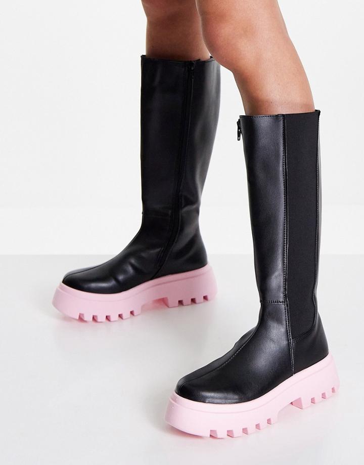 Asos Design Cora Chunky Knee Boots In Black With Pink Sole-multi
