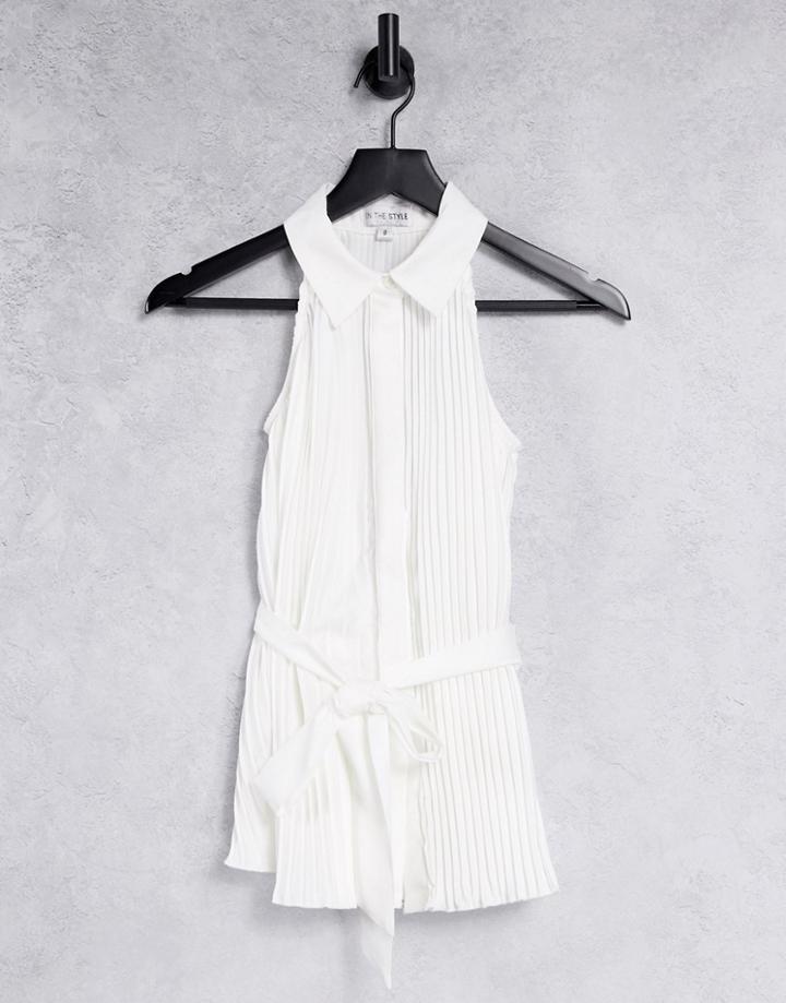 In The Style X Billie Faiers Sleeveless Collar Detail Pleated Top With Belt In White