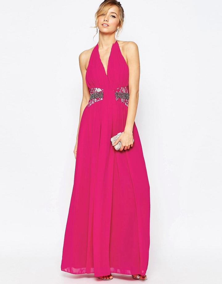 Little Mistress Halter Maxi Dress With Embellished Waist Detail - Magenta
