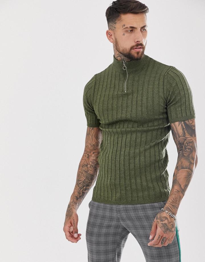 Asos Design Knitted Rib Half Zip T-shirt In Khaki - Green