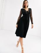 Asos Design Lace And Pleat Long Sleeve Midi Dress-black
