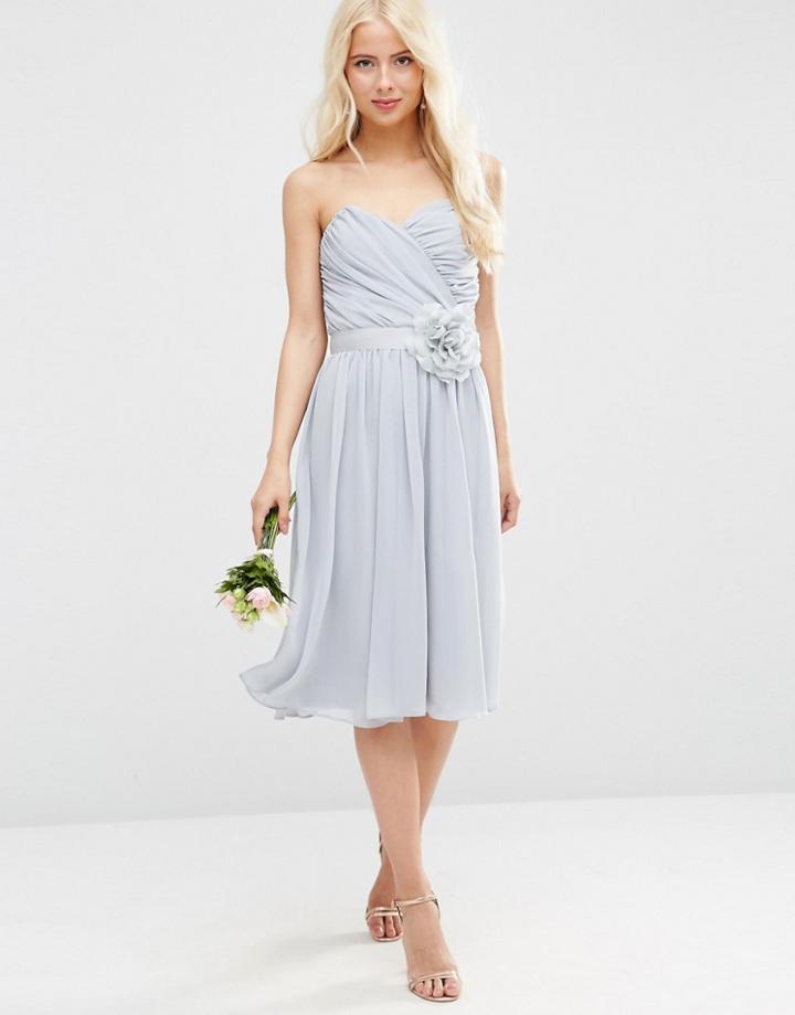 Asos Wedding Chiffon Bandeau Midi Dress With Detachable Corsage - Silver