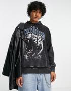 Good For Nothing Oversized Hoodie In Black Acid Wash With Tiger Print