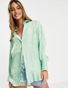 Asos Design Oversized Shirt With Volume Sleeve And Deep Cuff In Sage-green