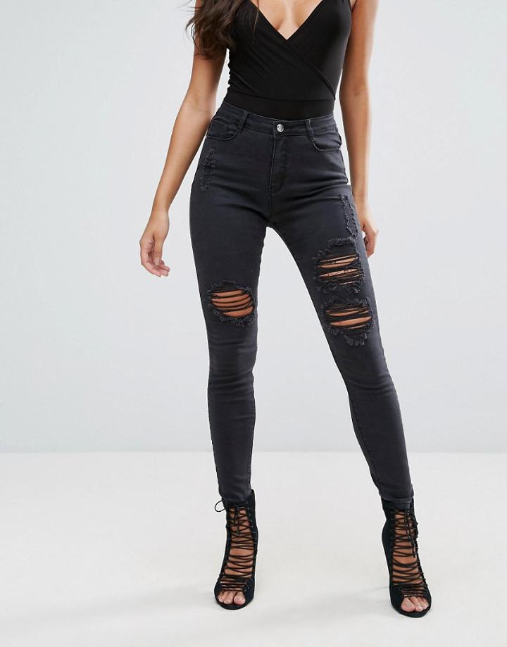 Missguided Sinner High Waisted Authentic Ripped Skinny Jeans - Black