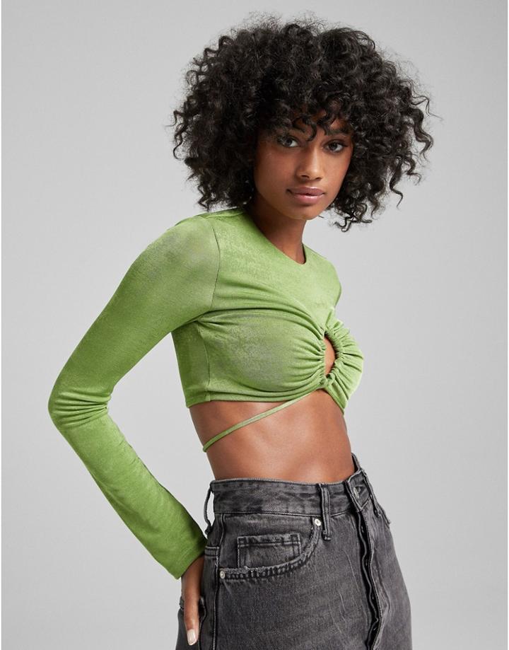 Bershka Slinky Tie Detail Crop Top In Green