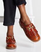 Asos Design Mortice Leather Fringe Loafers In Tan Croc-brown