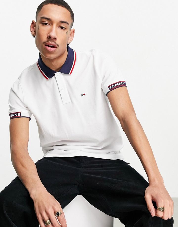 Tommy Jeans Rib Jaquard Collar And Cuff Logo Pique Polo In White