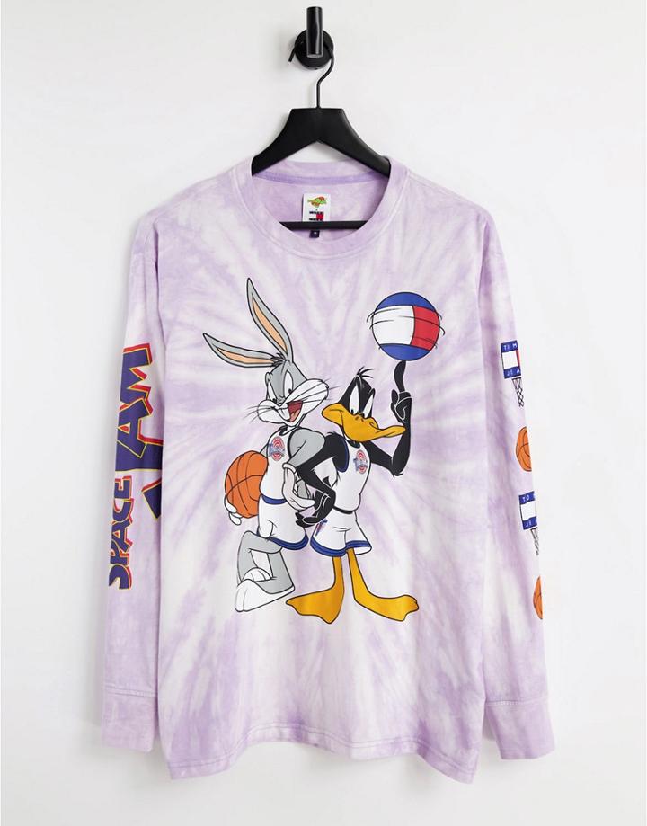 Tommy Jeans X Space Jam Unisex Tie Dye Long Sleeve Top In Purple/white