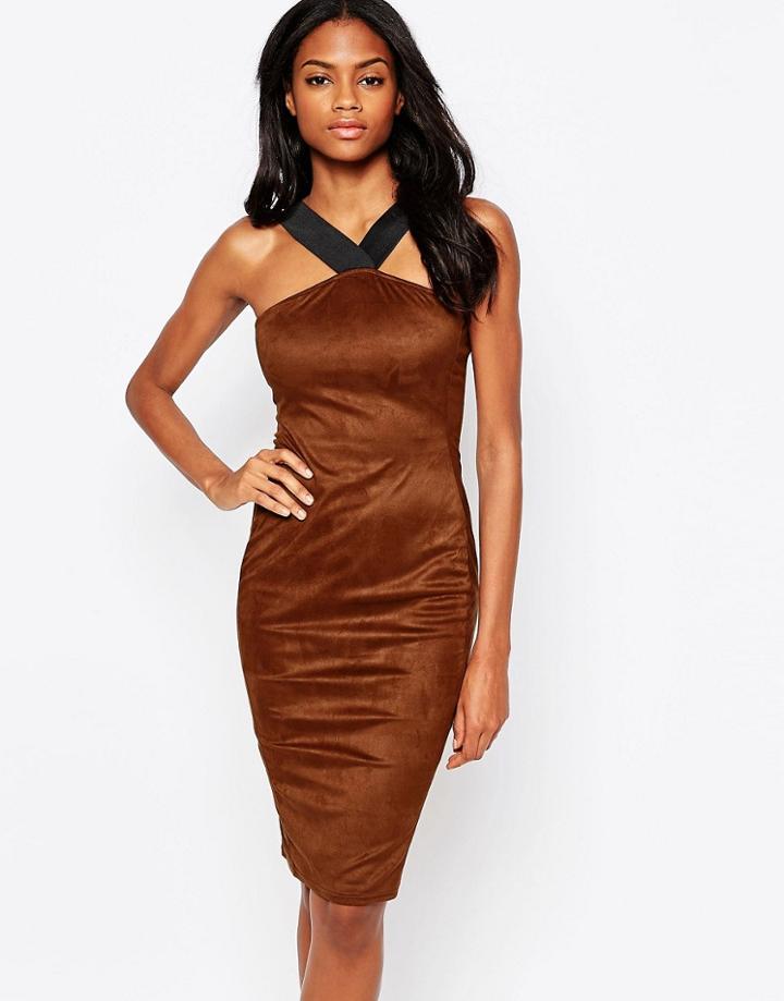 Ax Paris Suedette Midi Dress With Strap Detail - Rust