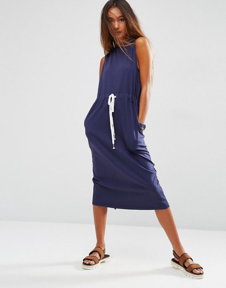 Asos Sleeveless Midi Sweat Dress With Drawstring Waist - Navy