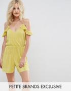 Missguided Petite Pleated Cold Shoulder Frill Sleeve Romper - Yellow