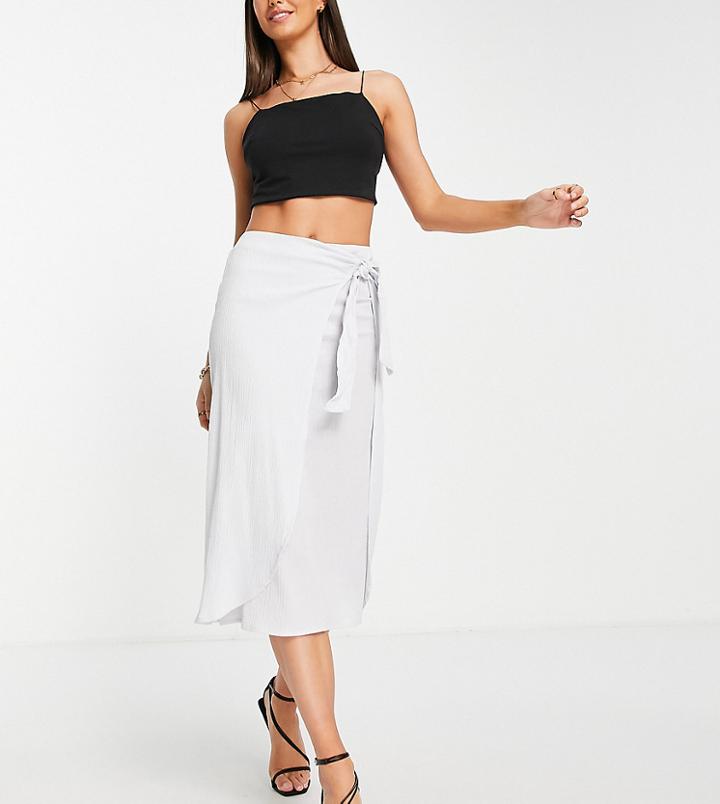 Asos Design Tall Wrap Midi Skirt In Natural Crinkle In Dusty Blue