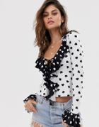 Asos Design Ruffle Front Lace Up Top In Mixed Heart Print - White