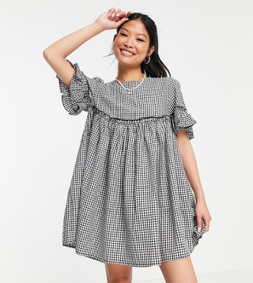 Urban Threads Petite Mini Smock Dress In Gingham-black