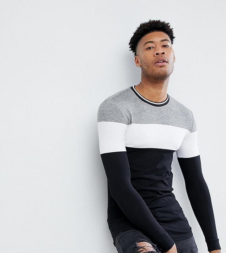 Asos Design Tall Muscle Longline Long Sleeve T-shirt With Twisted Jersey Yoke Panel And Tipping Neck - Black