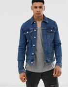 Asos Design Skinny Western Denim Jacket In Mid Wash-blue