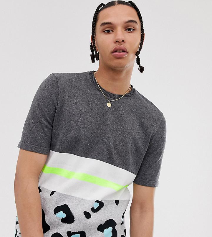 Asos Design Tall Knitted T-shirt In Color Blocked Animal-gray