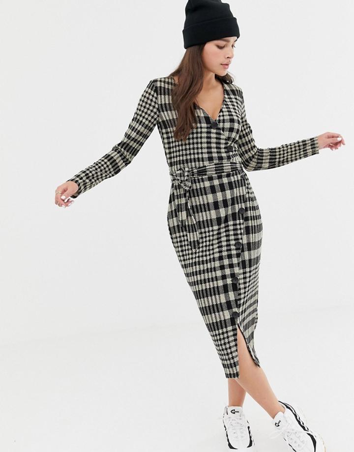 Bershka Check Button Midi Wrap Dress - Multi