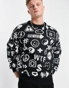 Jack & Jones Jacquard Knit Sweater In Monochrome Icon Pattern-black