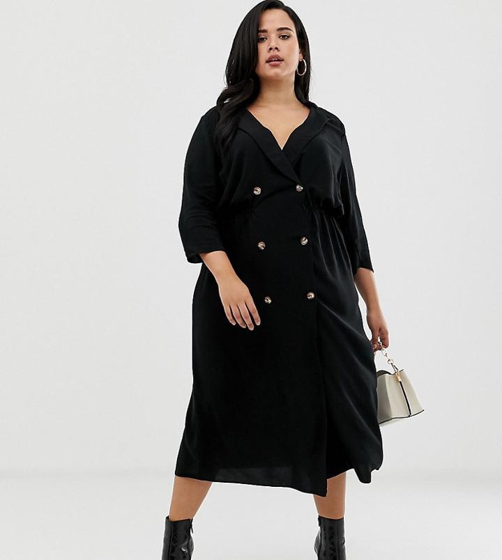 Asos Design Curve Double Button Through Collared Midi Shirt Dress - Black