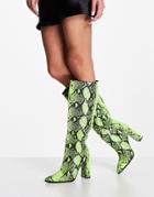 Public Desire Posie Heel Knee Boots In Lime Snake Print-green