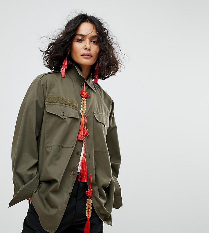 Reclaimed Vintage Revived Military Shirt Jacket With Coin Embelishment - Green
