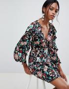 Liquorish Printed Mini Dress With Puff Sleeves And Open Back - Multi