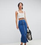 Asos Design Tall Denim Midi Skirt With Buttons In Midwash Blue - Blue