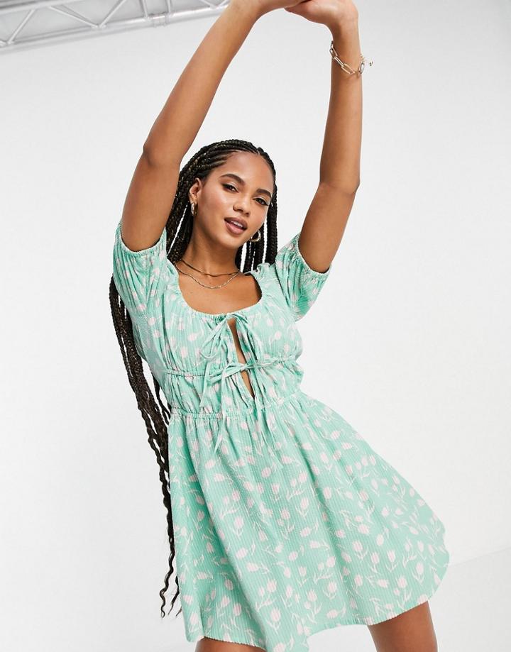 Asos Design Seersucker Tie Front Tiered Beach Dress In Two Tone Floral Print-multi