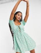 Asos Design Seersucker Tie Front Tiered Beach Dress In Two Tone Floral Print-multi