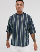 Asos Design Oversized Vertical Stripe T-shirt In Pastel Green And Navy-multi