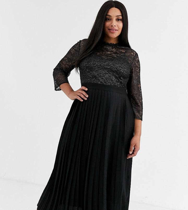 Little Mistress Plus Pleated Midaxi Dress With Metallic Lace In Black